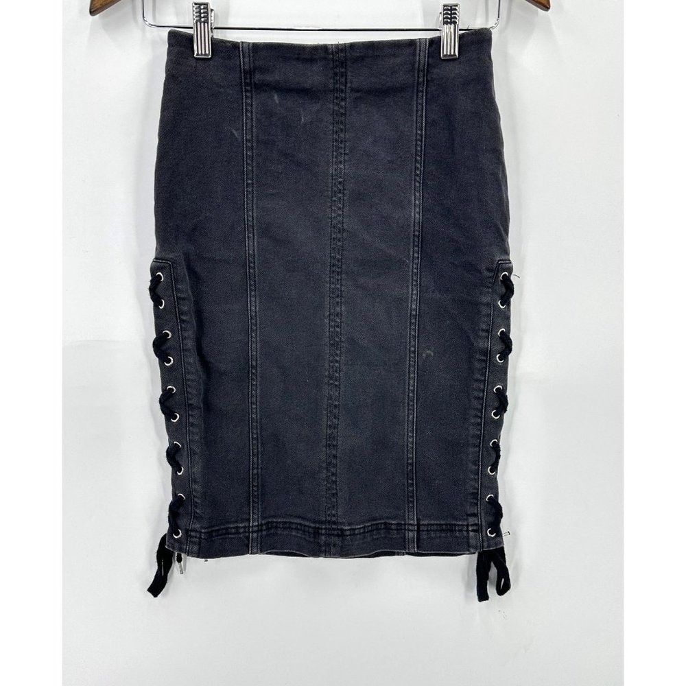 Free People Womens Denim Pencil Skirt Side Tie Lace Up Stretch Black Size 2